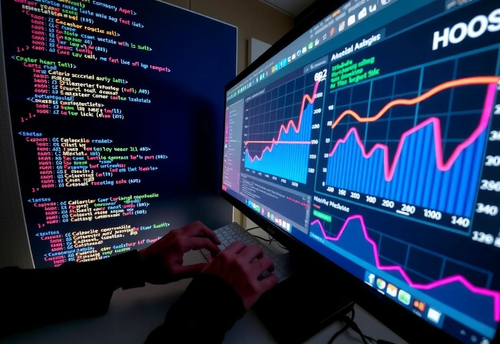 Detailní pohled na monitor s kódem webových stránek a analytickými grafy