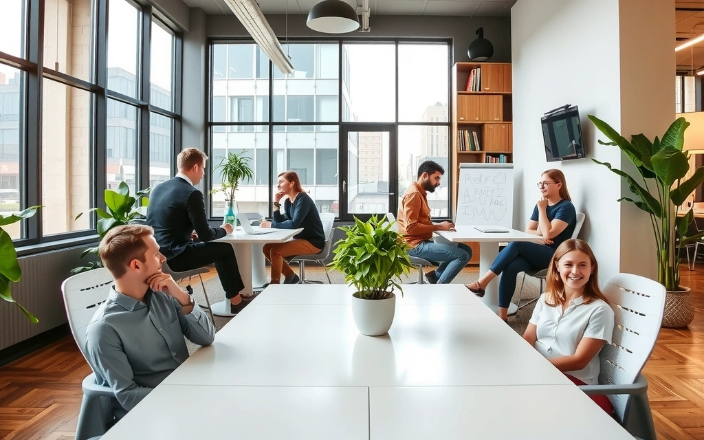 Tým studioline pracuje v moderním open-space kanceláři plné zelených rostlin