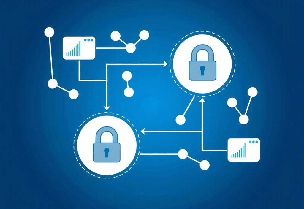 Grafické znázornění toku dat s šifrováním a zabezpečenými kanály, symbolizující sběr dat.