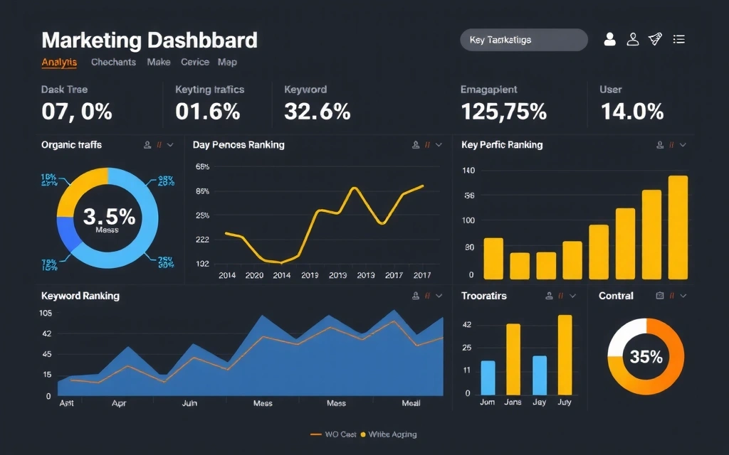 Digital marketing analytics dashboard showing SEO performance metrics