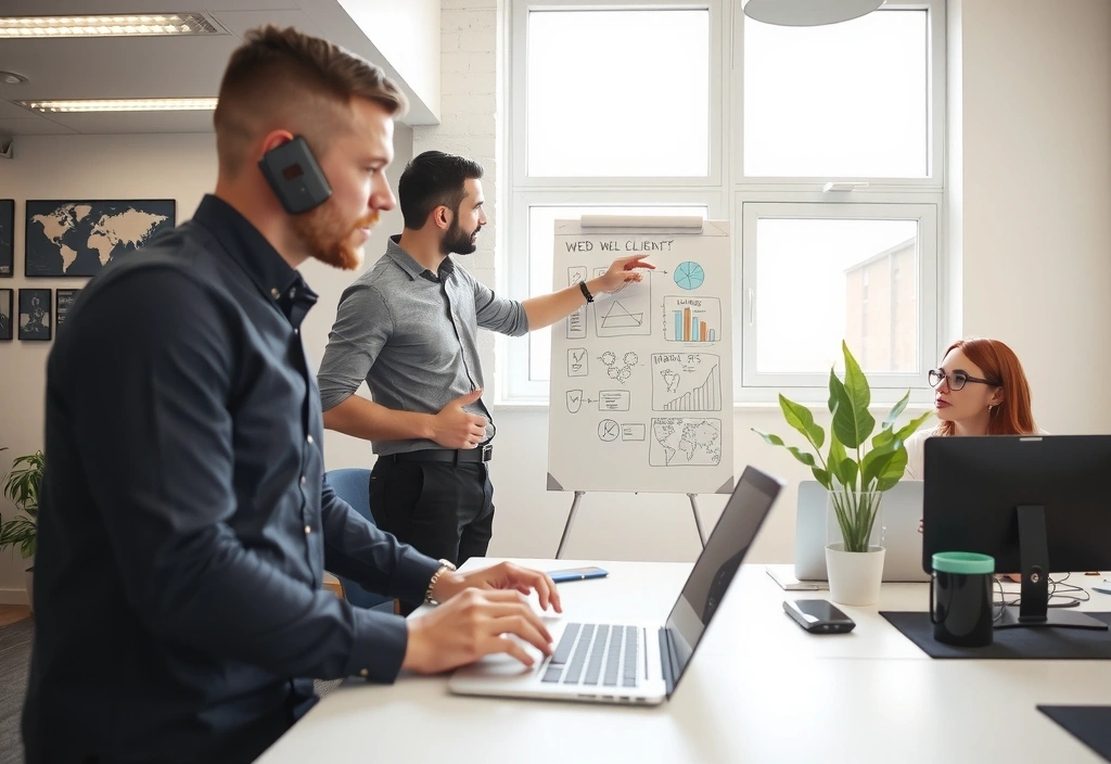 Ilustrace týmu studioline, který odpovídá na dotazy zákazníků