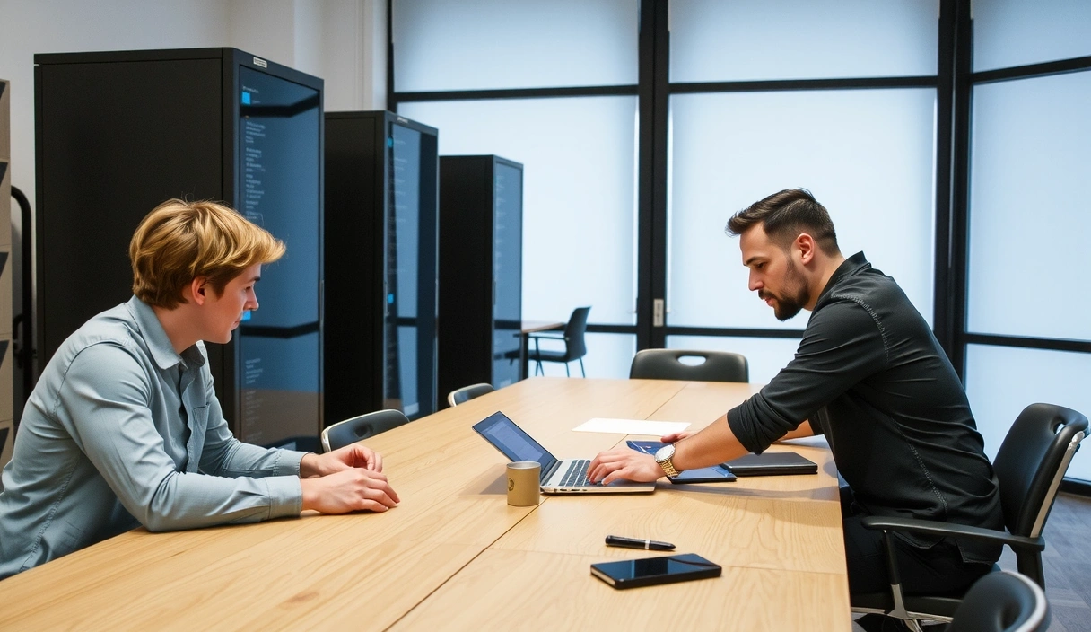 Tým techniků pracujících na údržbě webových stránek s kódem na obrazovkách