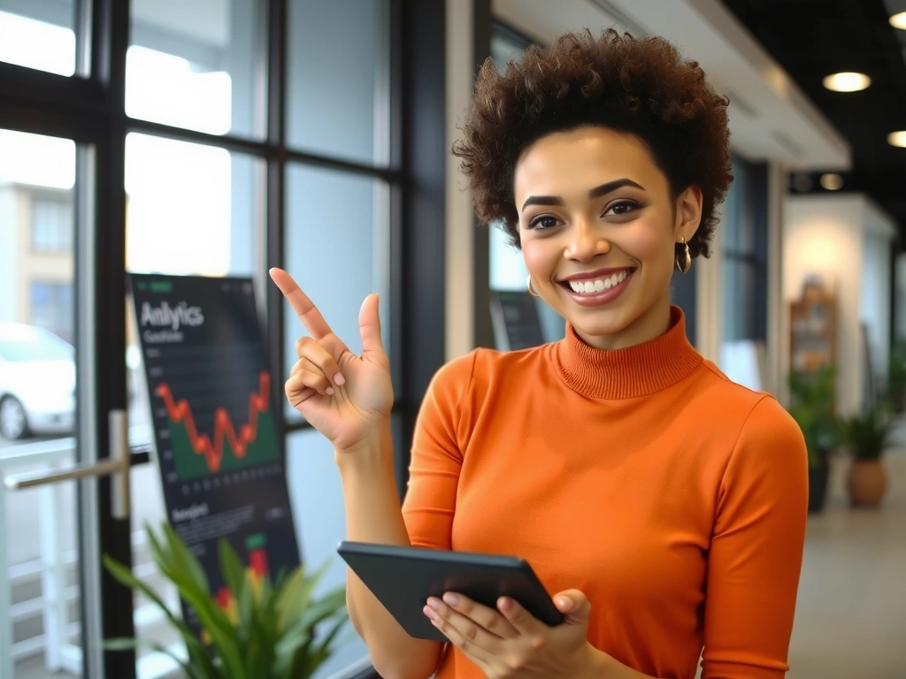 Žena s úsměvem, drží tablet a ukazuje na grafy webové analytiky